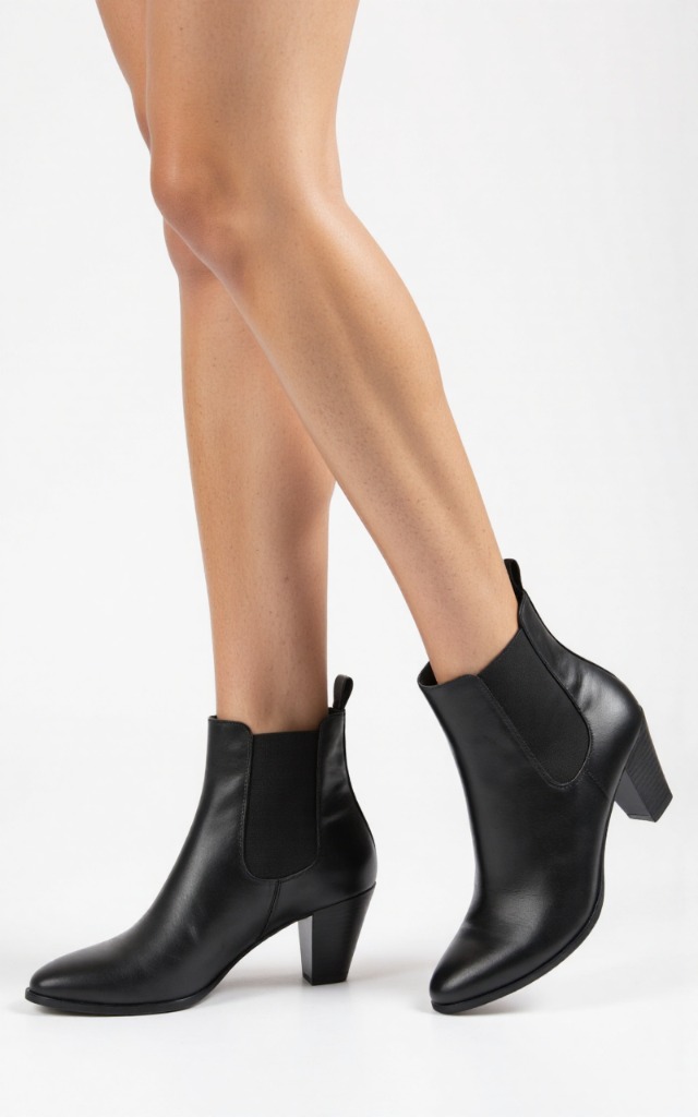 A female model wearing Chelsea boots, against a white background, with a close   up of the feet